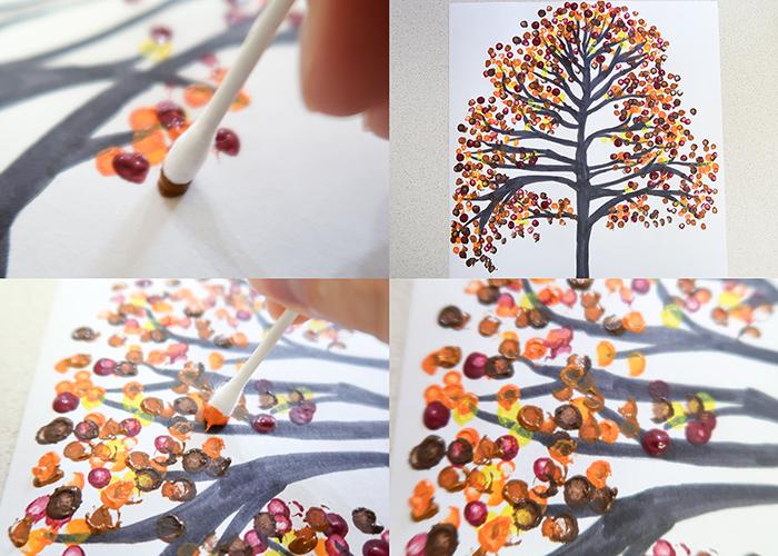 pintar paisaje otoño con bastoncillos - actividades para niños - fall tree q tip 