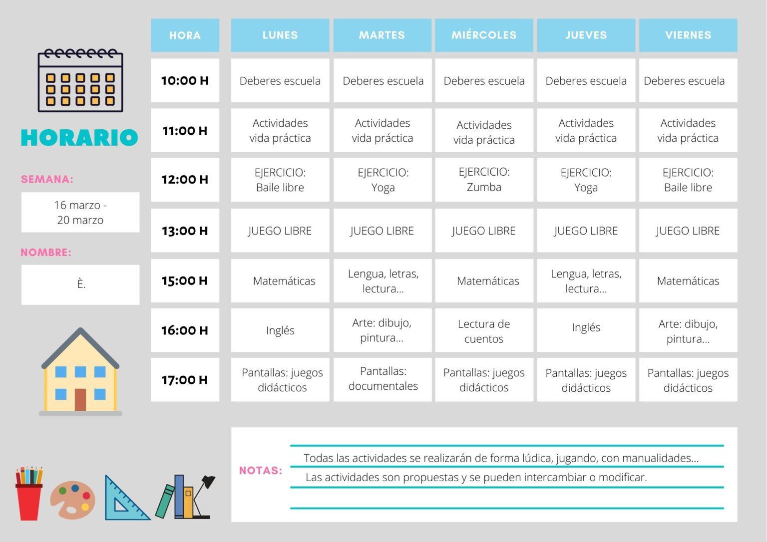 Horario Imprimible Para Organizarse En Casa Mientras Los Niños No ...