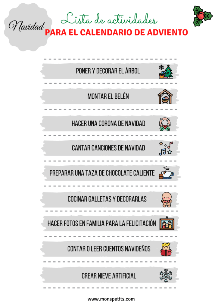 Lista de ideas y actividades para el calendario de adviento Pdf Descargable Gratis